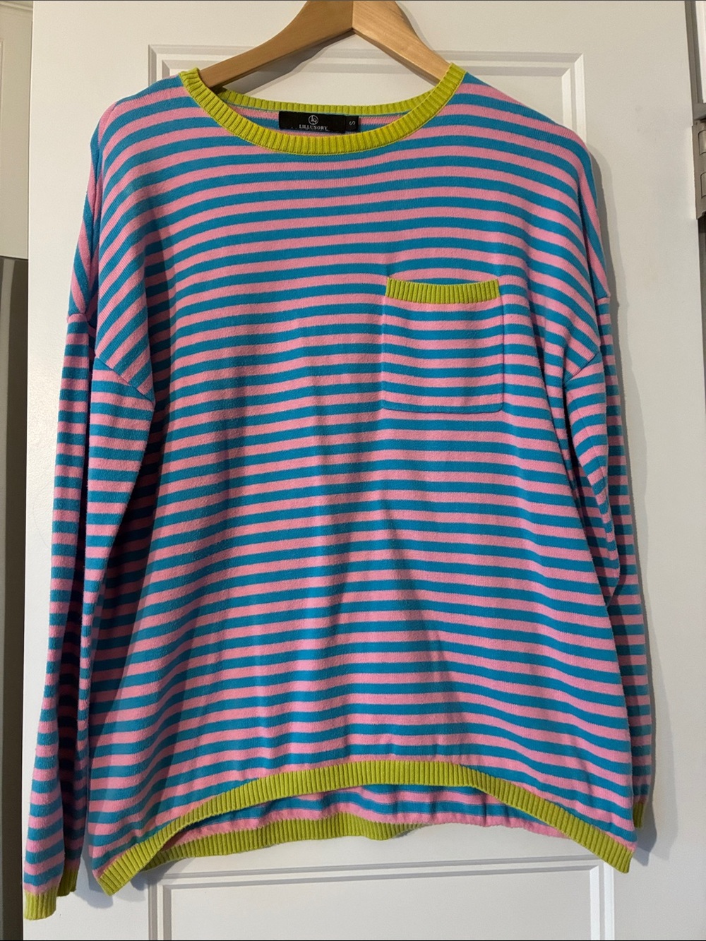 Striped Crewneck Sweater in Pink & Blue with Lime Trim